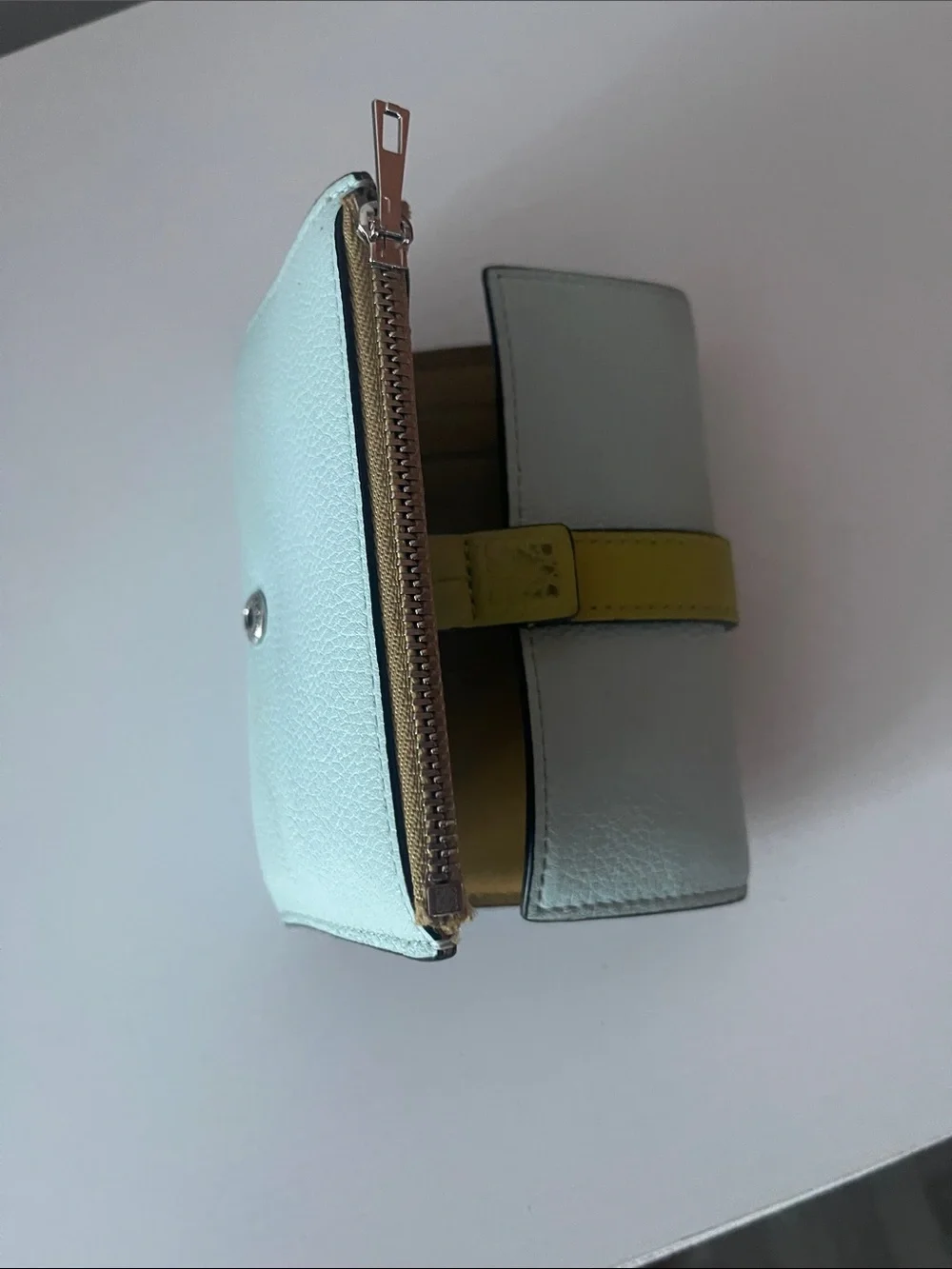 Loewe Pale Blue Leather Wallet with Olive Strap